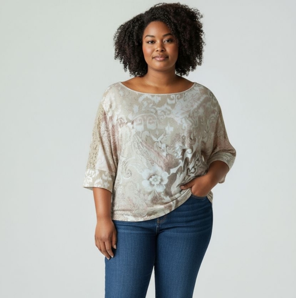 Chico's Floral Paisley Lace Detail 1/2 Sleeve Top Size 2